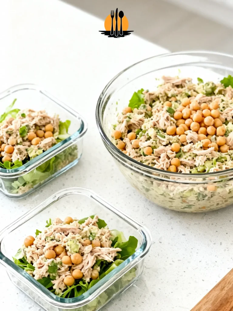Best Chickpea Tuna Salad Recipe: High Protein & Budget Friendly 2 Glass bowls filled with Chickpea tuna salad recipe prepared for batch cooking on a quartz countertop.