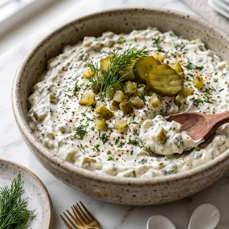 Viral Fried Pickle Dip with Chips : 30-Minute Recipe 2 Close up shot of a homemade fried pickle dip with chips base inside a ceramic bowl featuring folded sour cream and finely chopped dill pickles.