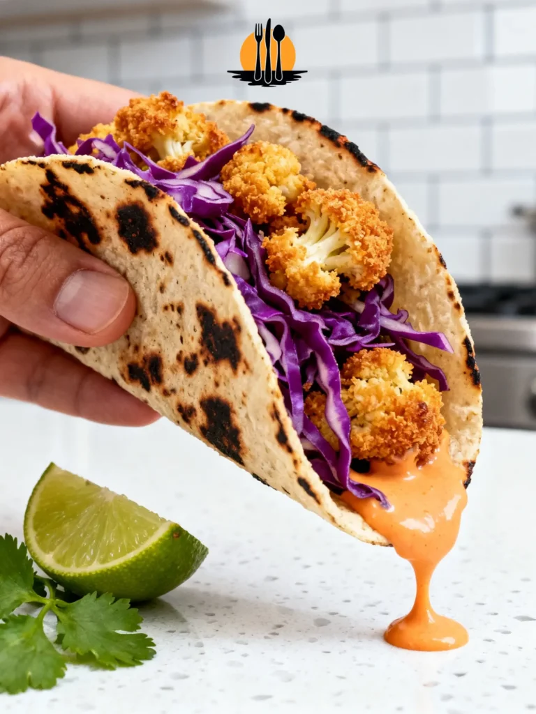 A hand holding one of the Air Fryer Bang Bang Cauliflower Tacos showing charred tortillas and golden florets with dripping sauce.