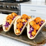 A professional tray of Air Fryer Bang Bang Cauliflower Tacos with purple slaw and spicy drizzle on a quartz countertop.