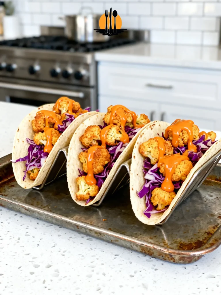 A professional tray of Air Fryer Bang Bang Cauliflower Tacos with purple slaw and spicy drizzle on a quartz countertop.