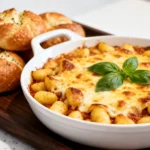 A white baking dish containing a One pan cheesy gnocchi bake recipe with a bubbly mozzarella topping and fresh basil.