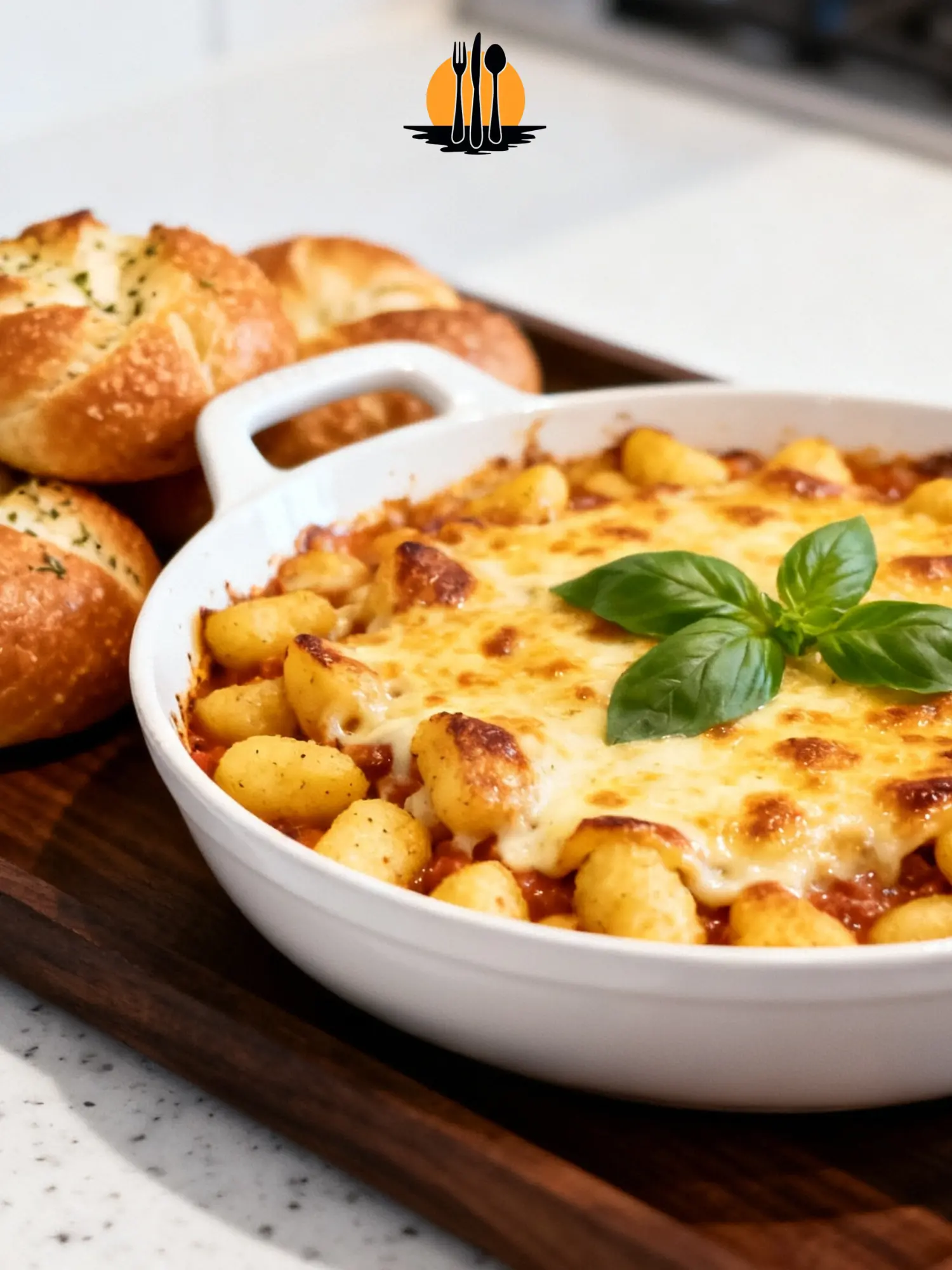 A white baking dish containing a One pan cheesy gnocchi bake recipe with a bubbly mozzarella topping and fresh basil.