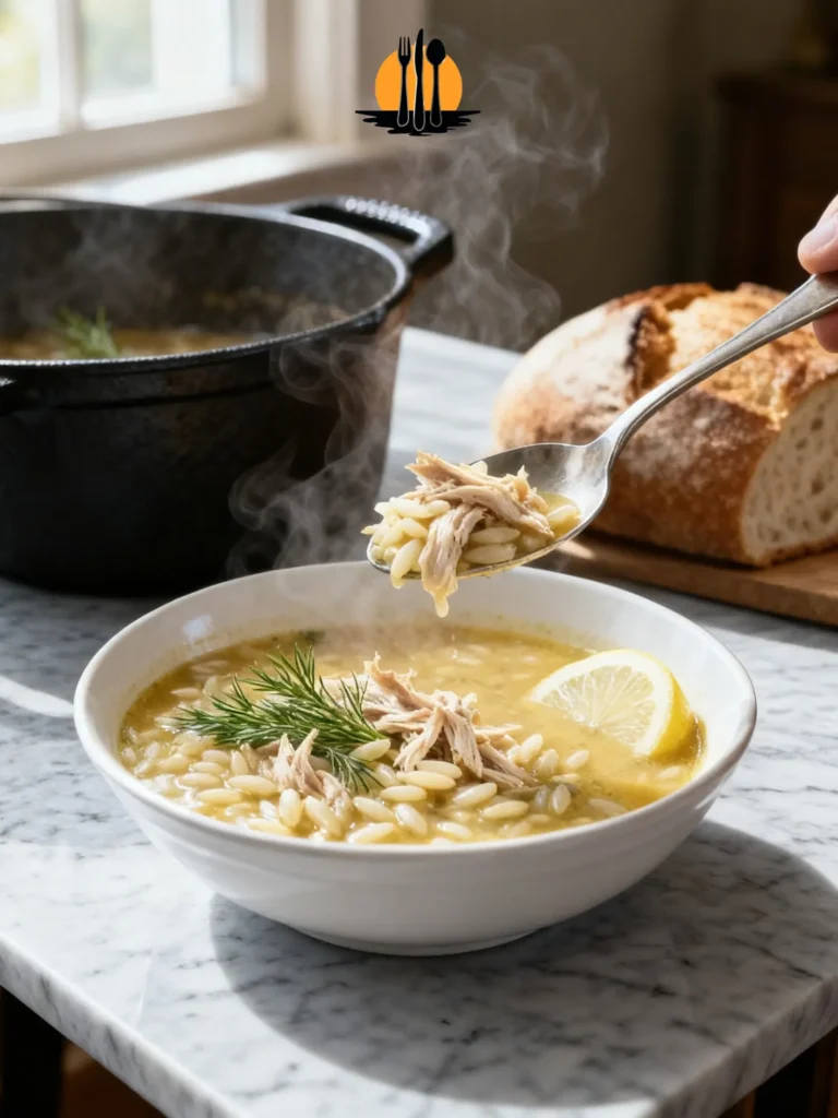 A spoonful of One Pot Lemon Chicken Orzo showing succulent shredded chicken and perfect pasta texture.
