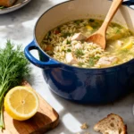 A blue Dutch oven filled with One Pot Lemon Chicken Orzo soup, showing al dente pasta and fresh dill.