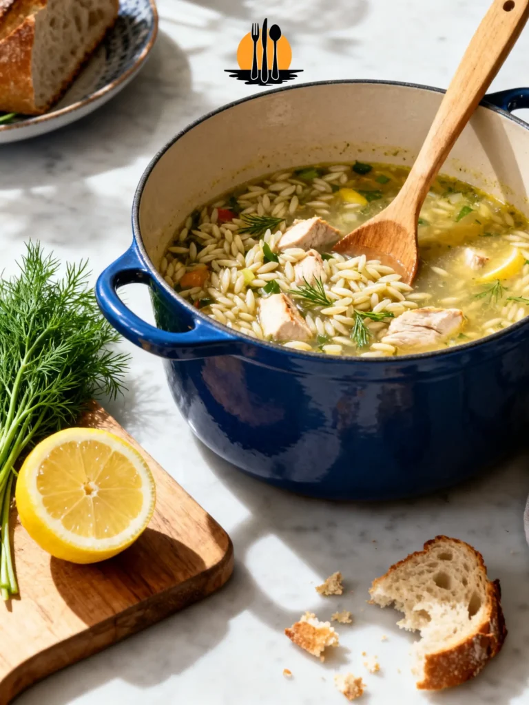 A blue Dutch oven filled with One Pot Lemon Chicken Orzo soup, showing al dente pasta and fresh dill.