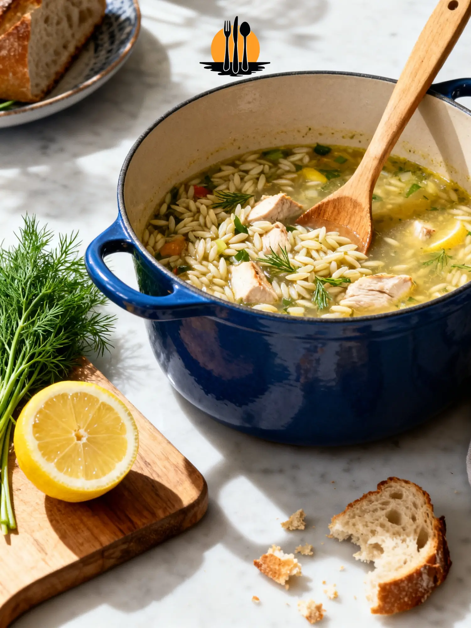 A blue Dutch oven filled with One Pot Lemon Chicken Orzo soup, showing al dente pasta and fresh dill.