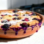 A professional shot of a One bowl summer fruit cake with jammy berries on a quartz countertop.