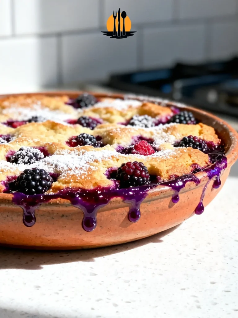 A professional shot of a One bowl summer fruit cake with jammy berries on a quartz countertop.