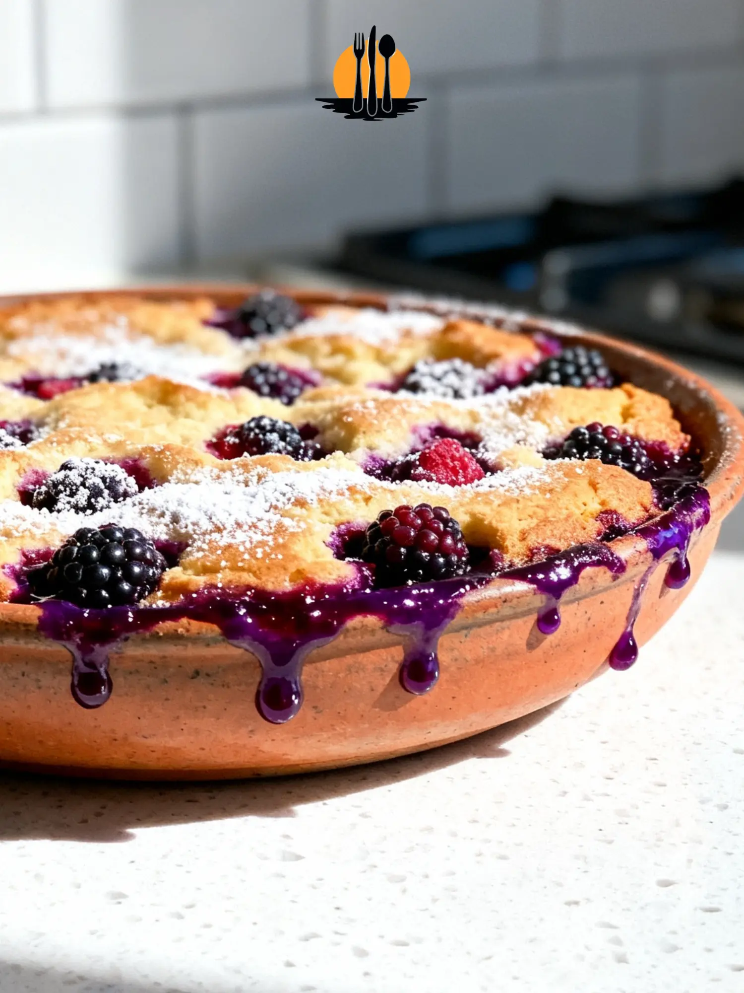 A professional shot of a One bowl summer fruit cake with jammy berries on a quartz countertop.