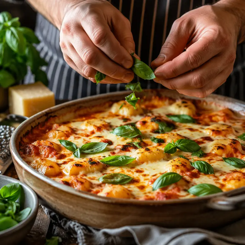 30-Minute Comfort Food: Easy One Pan Cheesy Gnocchi Bake Recipe 4 Hands scattering fresh basil leaves over a bubbling one pan cheesy gnocchi bake recipe straight from the oven.