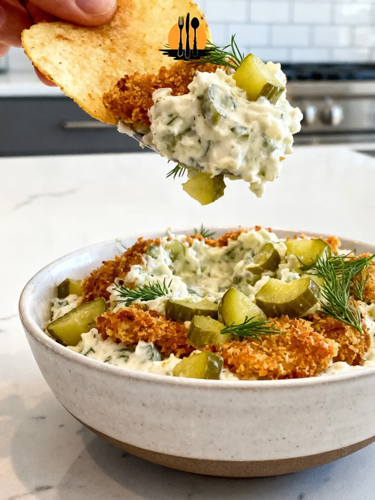 A close-up of a crunchy potato chip scooping a creamy Fried Pickle Dip with Chips topped with pickles and Panko.