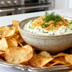 A professional bowl of Fried Pickle Dip with Chips topped with toasted Panko and fresh dill on a silver tray.
