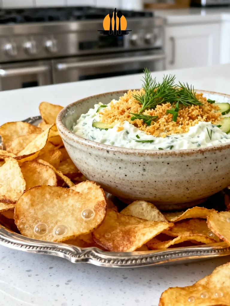 A professional bowl of Fried Pickle Dip with Chips topped with toasted Panko and fresh dill on a silver tray.