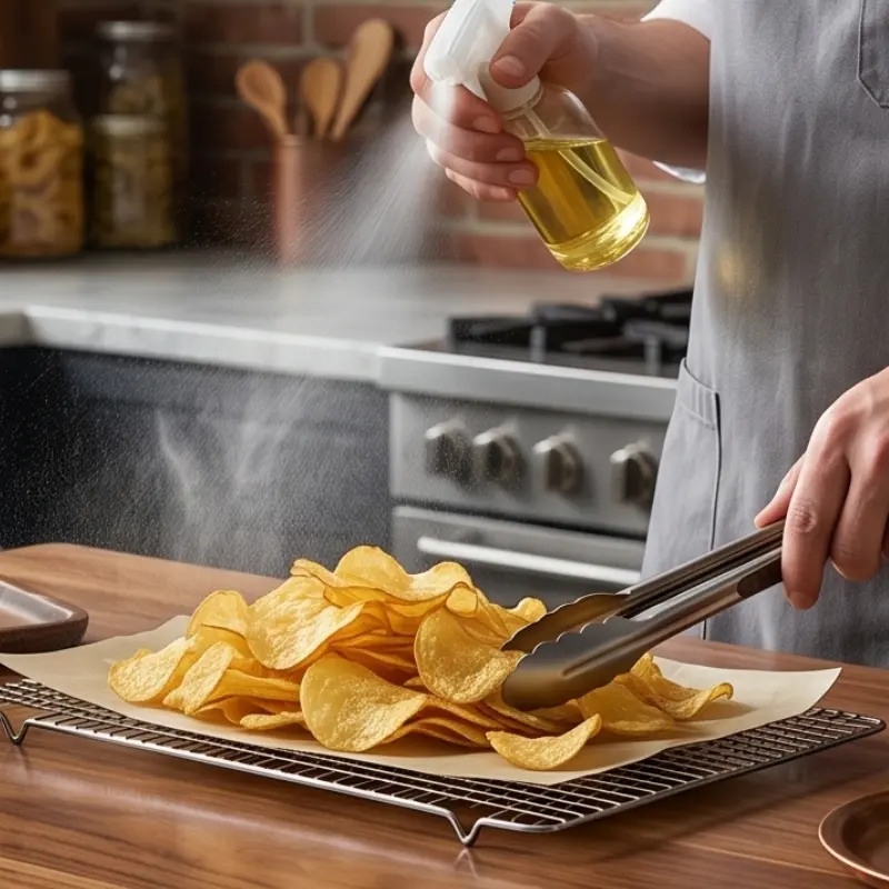 Viral Fried Pickle Dip with Chips : 30-Minute Recipe 3 A professional chef spraying a fine mist of cold pickle brine from a food grade spray bottle over freshly fried steaming hot potato chips held with metal tongs on a wire cooling rack.