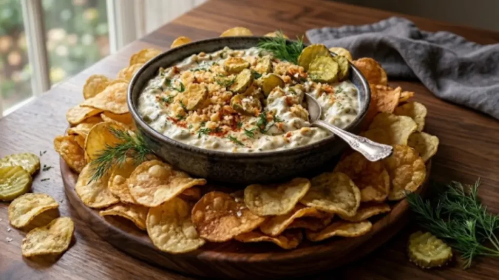 Gourmet homemade fried pickle dip with chips served in a rustic ceramic bowl on a dark walnut wood table with fresh dill sprigs.