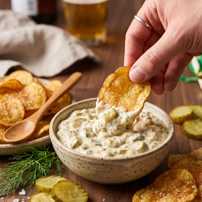 Viral Fried Pickle Dip with Chips : 30-Minute Recipe 4 A close up shot of a hand dipping a crispy homemade kettle potato chip into fried pickle dip with chips served in a ceramic bowl.