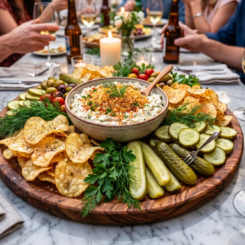 Viral Fried Pickle Dip with Chips : 30-Minute Recipe 5 An elaborate customized party snack board featuring fried pickle dip with chips garnished with toasted panko alongside dill spears and fresh vegetables.