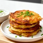 A stack of Crispy Oil Free Potato Cakes on a white plate, showing a golden-brown crust and fresh chive garnish.