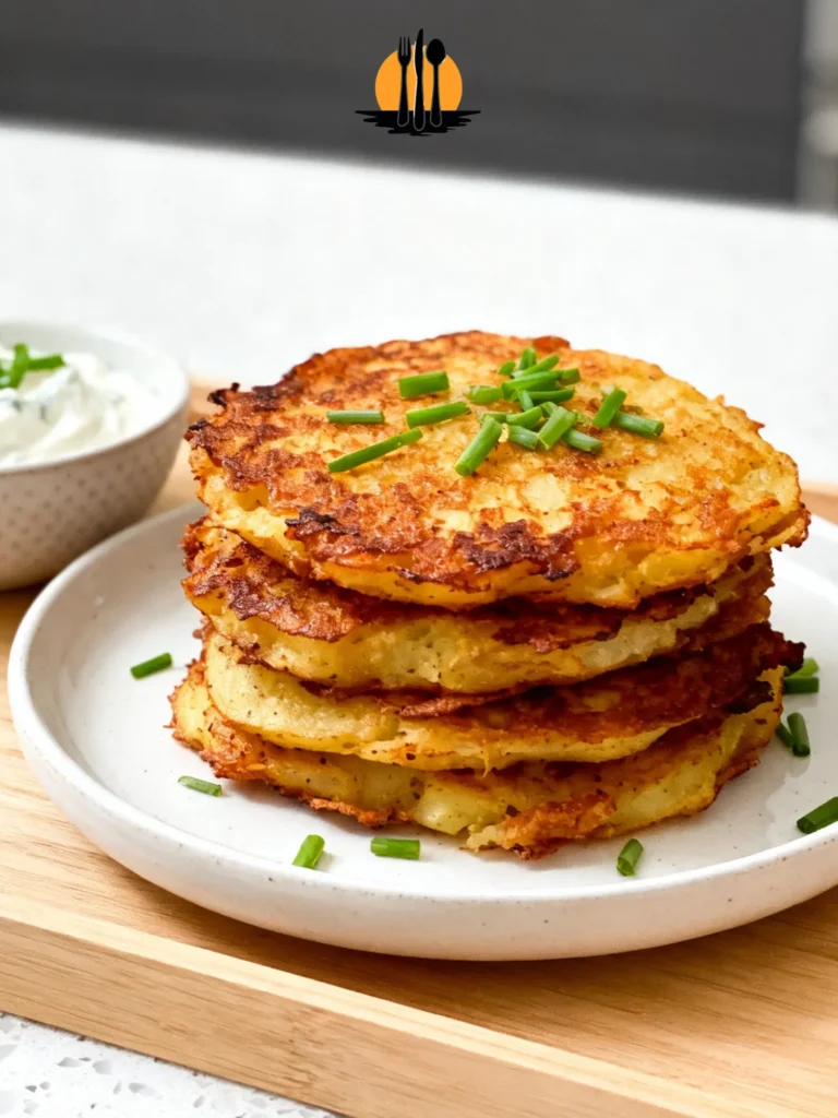 A stack of Crispy Oil Free Potato Cakes on a white plate, showing a golden-brown crust and fresh chive garnish.
