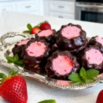 A silver tray displaying several Frozen Strawberry Yogurt Clusters with a glossy chocolate shell on a white quartz countertop.
