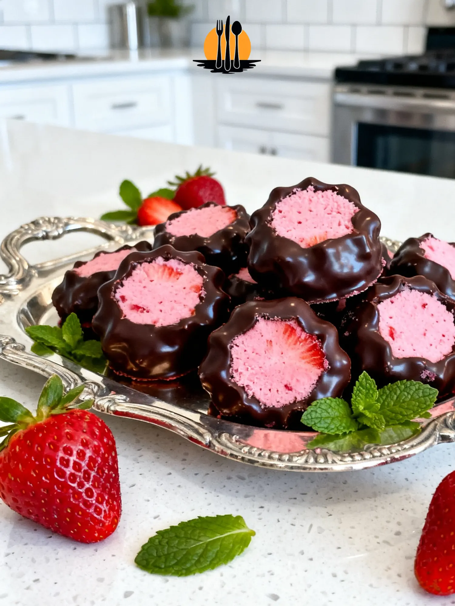 High Protein Frozen Strawberry Yogurt Clusters: The No-Ice Guide 3 A silver tray displaying several Frozen Strawberry Yogurt Clusters with a glossy chocolate shell on a white quartz countertop.