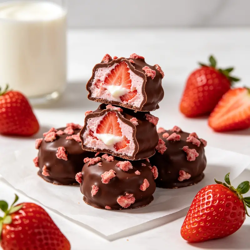 High Protein Frozen Strawberry Yogurt Clusters: The No-Ice Guide 4 A tall stack of frozen strawberry yogurt clusters with a snappy chocolate shell on parchment paper next to a glass of cold milk.