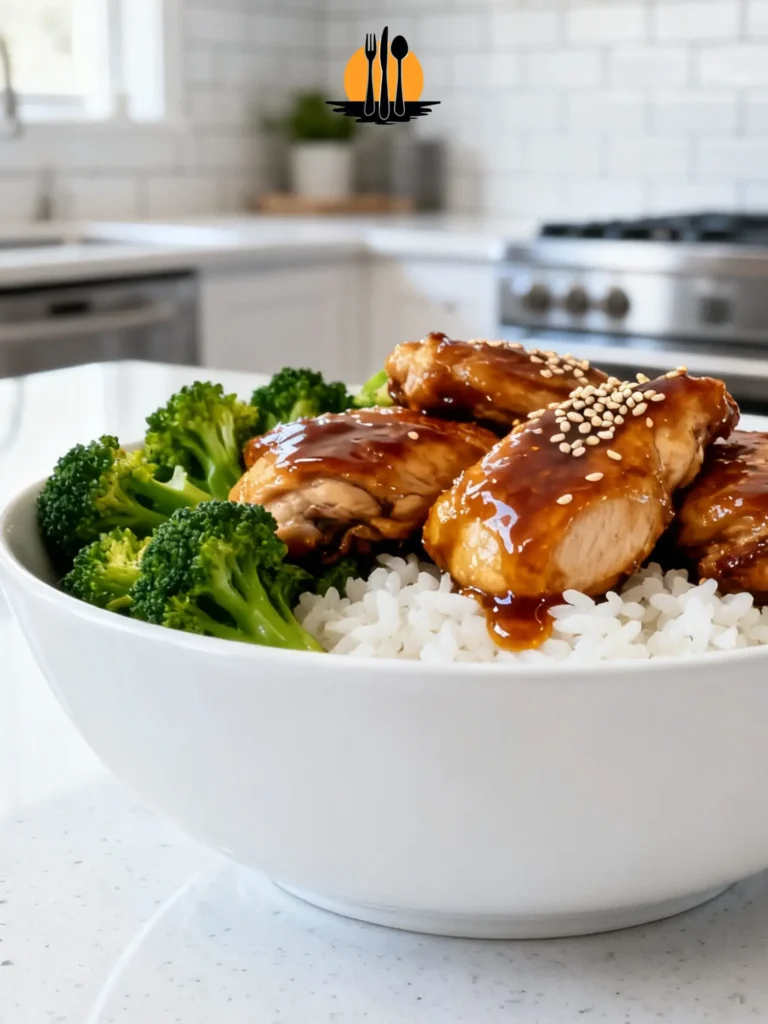 Cheap teriyaki chicken meal prep featuring juicy glazed thighs, steamed broccoli, and white rice in a white bowl.