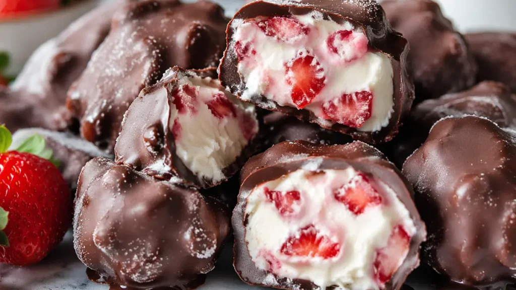 A close up of frozen strawberry yogurt clusters cut in half to show the creamy Greek yogurt and fresh fruit center.