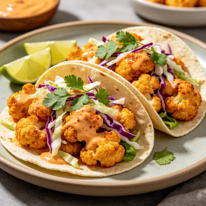 Crispy Air Fryer Bang Bang Cauliflower Tacos (25-Minute Recipe) 4 Close-up view of two loaded Air Fryer Bang Bang Cauliflower Tacos served on a plate with lime wedges