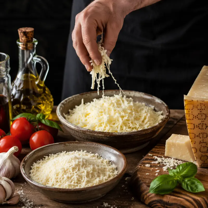 30-Minute Comfort Food: Easy One Pan Cheesy Gnocchi Bake Recipe 2 Hands grating low moisture mozzarella and aged parmesan cheese for Grandpa Chef's signature one pan cheesy gnocchi bake recipe.
