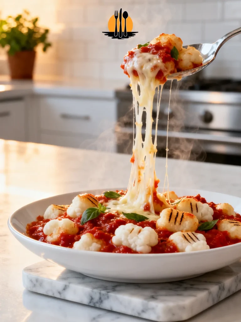 A close-up of a spoon lifting a serving from a One pan cheesy gnocchi bake recipe, showing long strings of melted mozzarella.