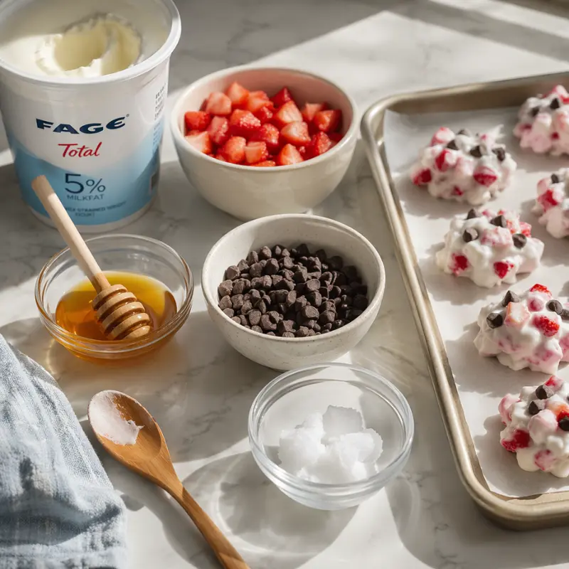 High Protein Frozen Strawberry Yogurt Clusters: The No-Ice Guide 2 A culinary setup for preparing frozen strawberry yogurt clusters with full-fat Greek yogurt, diced berries, chocolate chips, and coconut oil.