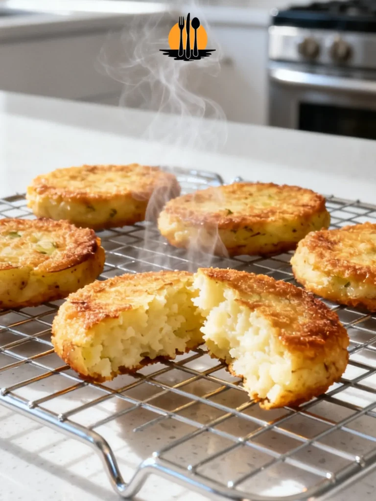 The Secret to Perfect Crispy Oil Free Potato Cakes 2 A close-up of steaming Crispy Oil Free Potato Cakes on a cooling rack, showing the fluffy interior of a broken patty.
