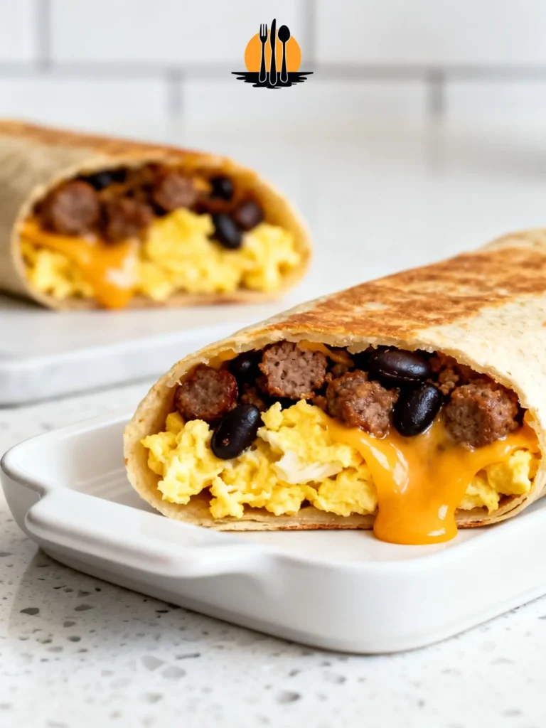 Frozen Breakfast Burritos Prep: The $2 High-Protein Secret 2 Close-up of Frozen Breakfast Burritos Prep featuring seasoned sausage, black beans, and melted cheese on a white ceramic dish.