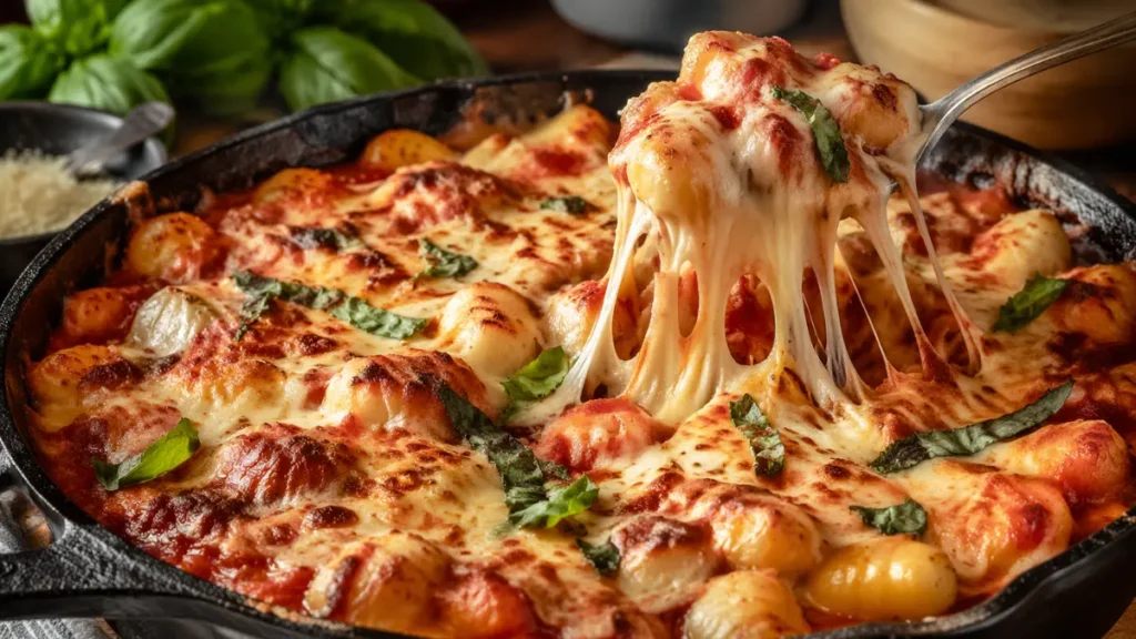 A golden cheese crust on top of a one pan cheesy gnocchi bake recipe inside a cast iron skillet.