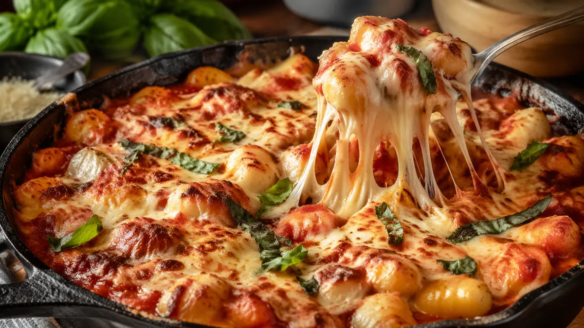 30-Minute Comfort Food: Easy One Pan Cheesy Gnocchi Bake Recipe 6 A golden cheese crust on top of a one pan cheesy gnocchi bake recipe inside a cast iron skillet.