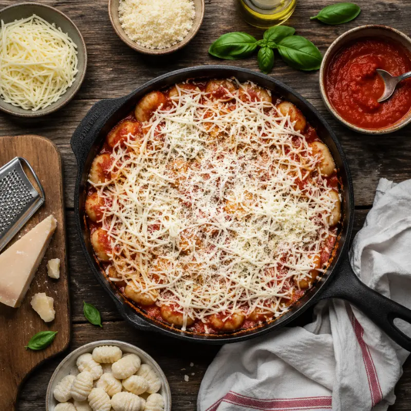 30-Minute Comfort Food: Easy One Pan Cheesy Gnocchi Bake Recipe 3 Uncooked potato dumplings mixed with tomato sauce and topped with shredded mozzarella in a cast iron skillet for the one pan cheesy gnocchi bake recipe.