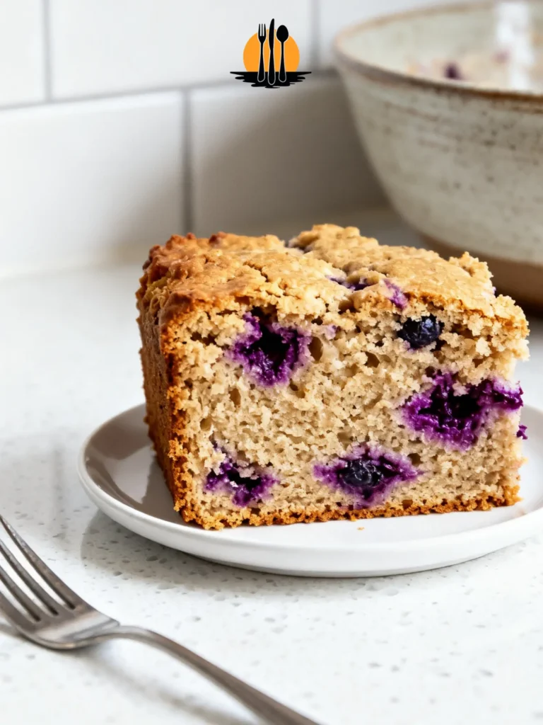 A close-up slice of a One bowl summer fruit cake on a white plate, showing jammy berries and a light golden crumb.