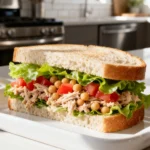 A professional Chickpea tuna salad recipe sandwich with fresh lettuce and tomatoes on a white tray.