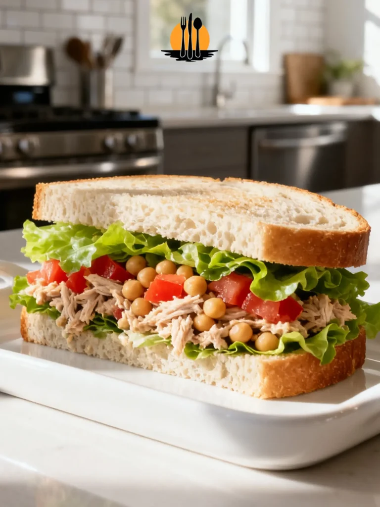 A professional Chickpea tuna salad recipe sandwich with fresh lettuce and tomatoes on a white tray.