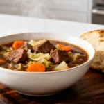 A steaming white bowl of Old Fashioned Beef and Cabbage Stew on a wooden board, featuring seared beef chuck and wilted cabbage.