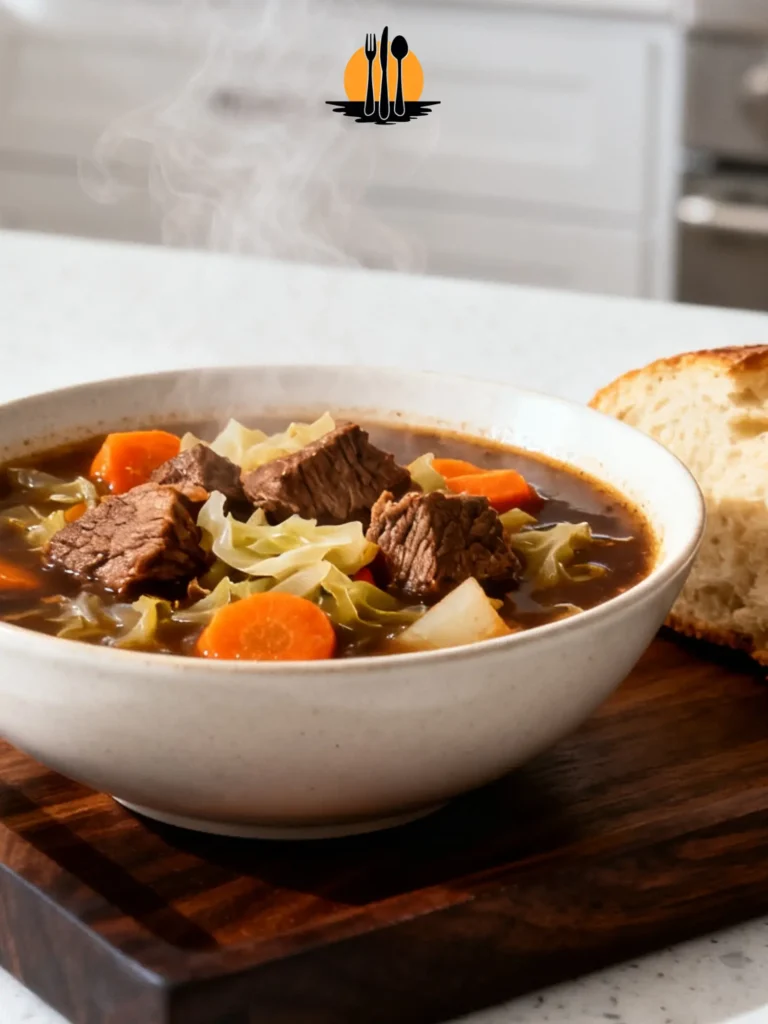 A steaming white bowl of Old Fashioned Beef and Cabbage Stew on a wooden board, featuring seared beef chuck and wilted cabbage.