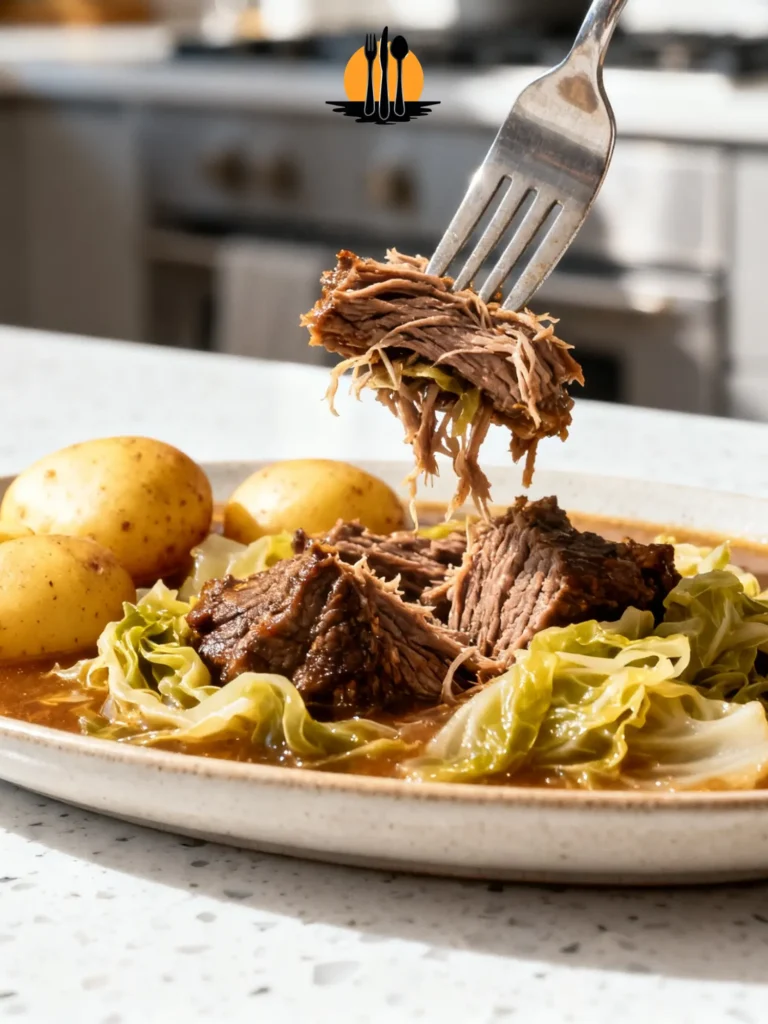 A close-up of a fork lifting shredded meat from an Old Fashioned Beef and Cabbage Stew, served with whole Yukon Gold potatoes.