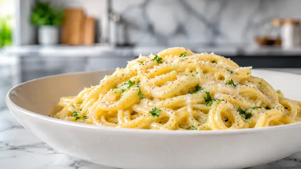 Creamy Garlic Parmesan Pasta served in a white bowl with a silky garlic cream sauce, freshly grated Parmesan cheese, and parsley garnish