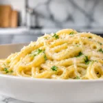 Creamy Garlic Parmesan Pasta served in a white bowl with a silky garlic cream sauce, freshly grated Parmesan cheese, and parsley garnish