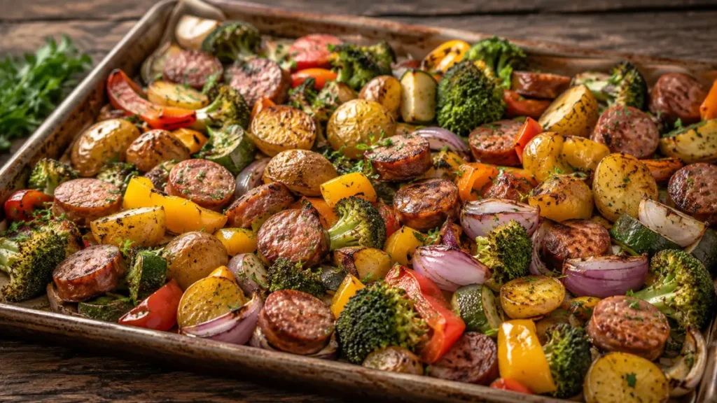 Sausage and veggie sheet pan dinner with smoked sausage, roasted broccoli, bell peppers, red onion, zucchini, and golden potatoes, perfectly caramelized on a baking sheet for an easy weeknight family meal