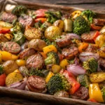 Sausage and veggie sheet pan dinner with smoked sausage, roasted broccoli, bell peppers, red onion, zucchini, and golden potatoes, perfectly caramelized on a baking sheet for an easy weeknight family meal