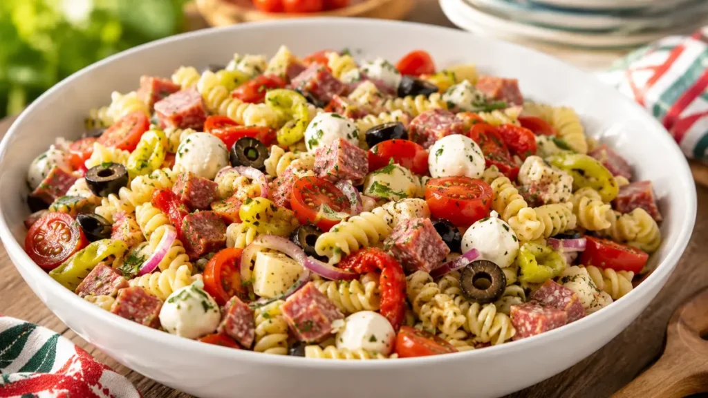 Antipasto Pasta Salad with rotini pasta, Genoa salami, mozzarella pearls, provolone cheese, cherry tomatoes, black olives, pepperoncini, roasted red peppers, and Italian vinaigrette, an easy make-ahead Italian pasta salad for potlucks, BBQs, and summer gatherings.