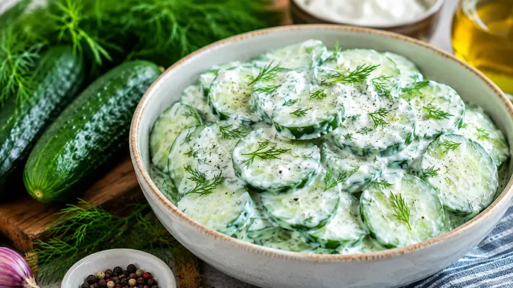 Creamy Dill Cucumber Salad with fresh cucumbers, sour cream dressing, and dill in a rustic bowl, perfect summer BBQ side dish